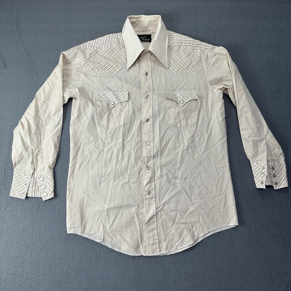 Vintage Champion Westerns Shirt Mens Large Cream Pearl Snap Long Sleeve 70s